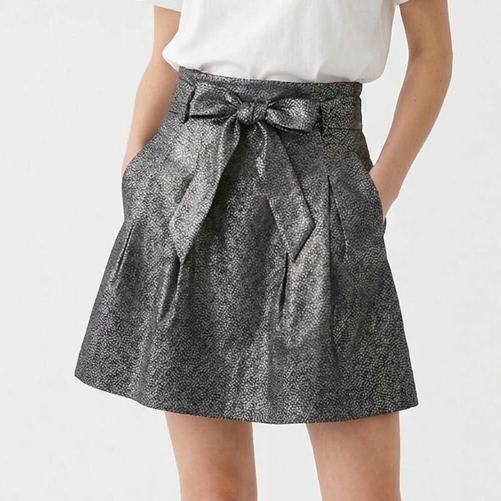 Express Design Studio Skirt Gray Polka Dot Metallic Satin Pleated Belted 12